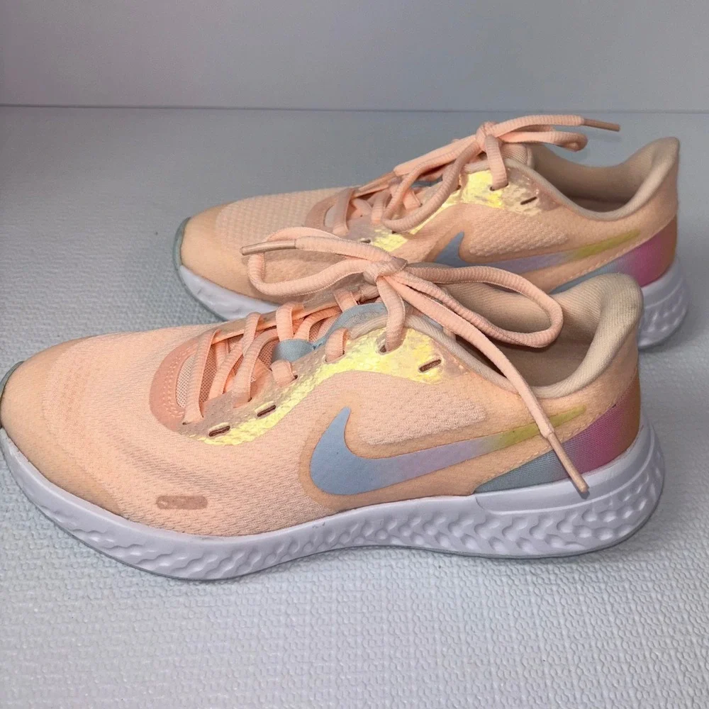 Nike Revolution 5 Peach Blue Iridescent Kids Running Shoes Sneakers Girl Size 4Y